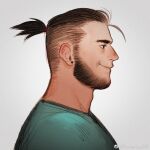  1boy adam&#039;s_apple bara beard facial_hair from_side full_beard hair_slicked_back high_ponytail highres looking_ahead male_focus mature_male original portrait powerlesssong profile short_hair smile solo thick_eyebrows undercut 