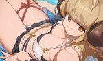  1girl ahoge anila_(granblue_fantasy) anila_(summer)_(granblue_fantasy) belly_chain bikini blunt_bangs blush breasts brown_eyes cleavage closed_mouth commentary commission curled_horns draph feet_out_of_frame from_above from_side granblue_fantasy hata4564 hikimayu horns jewelry large_breasts layered_bikini leg_ribbon light_brown_hair long_hair looking_at_viewer navel official_alternate_costume ribbon sheep_girl sheep_horns sitting skeb_commission smile solo swimsuit thick_eyebrows thigh_ribbon wet white_bikini 