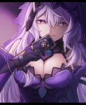  1girl black_swan_(honkai:_star_rail) breasts cleavage commentary_request elbow_gloves gloves highres honkai:_star_rail honkai_(series) large_breasts letterboxed long_hair looking_at_viewer purple_eyes purple_gloves purple_hair smile solo toba_(ymtb_06) upper_body veil very_long_hair 