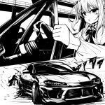  1girl bow car car_interior collared_shirt drifting greyscale hair_behind_ear hair_between_eyes highres looking_at_viewer monochrome motor_vehicle multiple_views nissan nissan_s15_silvia nissan_silvia nougat_(73r1r1) open_mouth original shadow shirt smoke sound_effects twintails vehicle_focus 