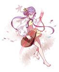  barefoot biwa_lute full_body hair_ornament highres instrument long_hair long_sleeves looking_at_viewer luckyia lute_(instrument) music musical_note playing_instrument purple_eyes purple_hair simple_background smile solo touhou tsukumo_benben twintails 