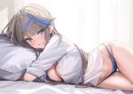  1girl airi_kanna bed_sheet blue_eyes blue_hair blue_panties blush bra bra_peek breasts brown_hair cleavage commentary_request head_on_pillow highres indoors kanzarin large_breasts long_hair looking_at_viewer lying midriff multicolored_hair navel no_pants on_bed on_side panties shirt sleeves_rolled_up smile solo stellive stomach streaked_hair thigh_gap underwear virtual_youtuber white_shirt 