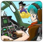  1980s_(style) 1boy 1girl aircraft aqua_eyes aqua_hair black_eyes black_hair brown_gloves bulma cockpit dougi dragon_ball dragon_ball_(classic) flying flying_nimbus gloves goggles goggles_on_head long_hair microphone monkey_tail non-web_source official_art on_cloud parted_lips piloting retro_artstyle ruyi_jingu_bang saiyan sitting sleeves_rolled_up son_goku tail toriyama_akira 