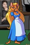 2024 anthro blonde_hair blue_eyes breasts brown_body brown_fur cleavage clothed clothing collar collarbone domestic_cat dress eyebrows eyelashes feet felid feline felis female fur glistening hair hands_behind_back hi_res long_hair looking_at_viewer mammal open_mouth plantigrade psicoyote solo whiskers