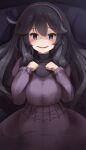  1girl @_@ black_eyes black_hair black_sweater blush dress headband hex_maniac_(pokemon) long_hair looking_at_viewer lying on_back open_mouth oren_(770len) pokemon pokemon_xy purple_dress purple_headband smile solo sweater turtleneck turtleneck_sweater 