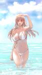  1girl ahoge aino_(acilealaulica) bikini blue_sky breasts brown_eyes cloud day grey_hair horizon large_breasts long_hair ocean open_mouth original outdoors revision shading_eyes sky solo swimsuit thigh_gap wading water white_bikini 