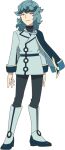  1boy black_pants black_shirt boots closed_mouth curly_hair full_body green_hair grey_footwear grey_jacket jacket long_sleeves looking_at_viewer male_focus official_art pants pants_tucked_in pokemon pokemon_(anime) pokemon_horizons shirt side_cape smile solo spinel_(pokemon) standing transparent_background 