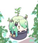  1girl absurdres artist_name black_bow bow ceres_fauna chibi flower green_hair hair_bow hair_ornament hair_over_one_eye hairclip highres hololive hololive_english leaf mole mole_under_eye namiorii plant plant_on_head potted_plant shadow solo virtual_youtuber white_flower yellow_eyes 