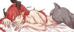  1boy androgynous bidortw brown_fur chinese_commentary commentary_request demon_boy demon_horns eyebrows_hidden_by_hair from_side highres horns long_hair looking_at_viewer lying male_focus nude on_stomach original pointy_ears red_hair short_tail solo tail twitter_username yellow_eyes 