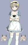  :&lt; :o alternate_costume animal_ears apron blonde_hair blue_eyes blush brave_witches breasts cheering choker cleavage dress eila_ilmatar_juutilainen enmaided ermine_ears fingers_together flying_sweatdrops fox_ears grey_hair hands_together large_breasts maid multiple_girls nikka_edvardine_katajainen o_o puffy_short_sleeves puffy_sleeves ribbon short_hair short_sleeves strike_witches sweatdrop thighhighs translated weasel_ears world_witches_series you2 zettai_ryouiki 