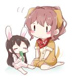  2girls animal_costume animal_ears bang_dream! bangs barefoot between_legs black_hair blue_eyes blush_stickers brown_hair bunny_costume bunny_ears bunny_tail dog_costume dog_ears dog_tail eating eyes_closed food gloves gyaheung hanazono_tae hand_between_legs holding holding_food hood hood_down lettuce minigirl multiple_girls paw_gloves paws ponytail red_bandana sitting tail white_background yamabuki_saaya 