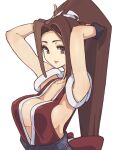  1girl bare_shoulders breasts brown_eyes brown_hair collarbone fatal_fury high_ponytail highres japanese_clothes ninja ooiwa_(irc14786149) parted_bangs revealing_clothes shiranui_mai simple_background sleeveless smile solo the_king_of_fighters the_king_of_fighters_xv upper_body white_background 