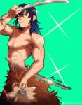  1boy abs absurdres black_hair blue_hair boar_mask dual_wielding feet_out_of_frame gradient_hair green_background green_eyes hashibira_inosuke highres holding holding_sword holding_weapon kimetsu_no_yaiba multicolored_hair nipples pectorals powerlesssong solo sparkle_background standing sweat sword toned toned_male topless_male weapon 