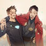  2boys arc_reactor avengers:_infinity_war avengers_(series) belt black_hair black_jacket black_shirt blood blood_on_face blue_shirt brown_belt brown_hair cloak closed_eyes closed_mouth doctor_strange facial_hair gold_necklace grey_background grey_hair hand_around_waist hand_up helping hood hooded_jacket injury jacket jewelry kottie long_sleeves male_focus marvel marvel_cinematic_universe multicolored_hair multiple_boys necklace red_cloak shirt short_hair simple_background smile standing t-shirt teeth tony_stark torn_cloak torn_clothes torn_jacket two-tone_hair 