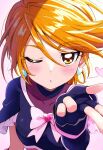  1girl ai-generated blowing_kiss blush brown_eyes brown_hair choker cure_black earrings futari_wa_precure gloves heart heart_earrings highres jewelry kiss looking_at_viewer magical_girl misumi_nagisa one_eye_closed open_mouth precure short_hair solo 