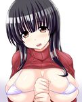  areolae bikini_top black_hair breasts brown_eyes clothes_lift copyright_request covered_nipples hands konno_tohiro large_breasts long_hair looking_at_viewer simple_background solo sweater sweater_lift upper_body white_background 
