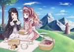  :d aquariumtama black_hair brown_hair cloud cup day food gothic_lolita green_eyes hairband holding lolita_fashion lolita_hairband long_hair mountain multiple_girls open_mouth original picnic picnic_basket red_eyes sandwich sitting sky smile sweet_lolita teacup teapot 