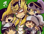  &gt;_&lt; 5boys :3 ? ?? ^_^ bags_under_eyes black_hat blonde_hair blue_eyes brown_hair chibi chinese_clothes clone closed_eyes facial_hair goatee_stubble green_background green_hat grey_eyes grimace hair_between_eyes hug kotorai ma_chao ma_dai male_focus multiple_boys ponytail shaded_face shin_sangoku_musou short_hair sidelocks signature smile stubble sweatdrop 