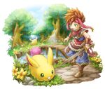  1boy boots bridge brown_hair flower forest green_eyes headband holding holding_sword holding_weapon lily_pad nature rabite randi river sayoyonsayoyo seiken_densetsu seiken_densetsu_2 spiked_hair sword tree weapon 