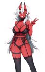  1girl akumi_(yoclesh) ass_visible_through_thighs black_bra black_panties black_thighhighs bra breasts colored_skin earrings garter_straps hair_between_eyes highres hoop_earrings horns indie_virtual_youtuber jewelry large_breasts long_hair looking_at_viewer navel oni panties red_horns red_oni red_skin scar scar_on_arm scar_on_cheek scar_on_chest scar_on_face simple_background solo standing thighhighs thighs underwear underwear_only v virtual_youtuber white_background yellow_eyes yoclesh 