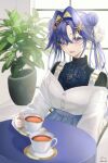  1girl blue_eyes blue_hair blush coffee_cup cup disposable_cup hair_bun highres jewelry light_smile looking_at_viewer necklace plant reverse:1999 smile solo voyager_(reverse:1999) zzinbbang 