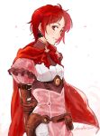  1girl arms_behind_back artist_name brown_gloves cape closed_mouth commentary earrings elbow_gloves fire_emblem fire_emblem:_three_houses fire_emblem_warriors:_three_hopes gloves herdwicoco highres jewelry monica_von_ochs pouch puffy_sleeves red_cape red_eyes red_hair short_hair signature simple_background smile solo standing twitter_username white_background 