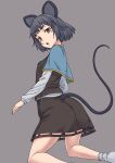  1girl animal_ears blue_capelet brown_eyes capelet commentary grey_hair grey_skirt highres kakone long_sleeves looking_at_viewer mouse_ears mouse_girl mouse_tail nazrin open_mouth short_hair skirt socks solo tail touhou white_socks 