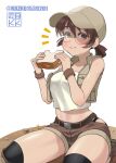  1girl :t artist_logo baseball_cap belt blush breasts brown_belt brown_eyes brown_hair brown_hat brown_shorts brown_vest closed_mouth commentary_request cropped_shirt eating fio_germi food food_bite food_on_face glasses hair_between_eyes hat highres hip_vent holding holding_food kkzk61539201 knee_pads looking_at_viewer medium_breasts metal_slug midriff navel notice_lines on_floor open_clothes open_vest panties panty_peek round_eyewear sandwich seiza shirt short_ponytail short_shorts shorts sitting solo twitter_username underwear vest white_background white_shirt wristband 