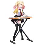  1girl black_skirt black_thighhighs blonde_hair full_body gradient_hair highres instrument jacket keyboard_(instrument) looking_at_viewer mary_janes multicolored_hair music necktie non-web_source official_art one_eye_closed pink_eyes pink_hair playing_instrument pleated_skirt project_sekai red_necktie shirt shoes skirt smile solo striped_necktie tachi-e tenma_saki thighhighs transparent_background twintails white_shirt yellow_jacket 