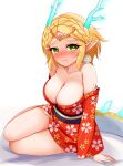 2024 asian_clothing ayatori blonde_hair blush bodily_fluids braided_hair breasts cleavage clothed clothing digital_media_(artwork) dragon_horn dragon_tail ear_piercing east_asian_clothing female festive_clothing floral_pattern frown gold_scales green_eyes hair headgear hi_res horn human humanoid humanoid_pointy_ears japanese_clothing kimono looking_sideways mammal mouth_closed nintendo piercing princess_zelda scales simple_background sitting solo sweat sweatdrop tail the_legend_of_zelda white_background white_body white_scales