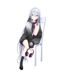  1girl black_footwear black_hoodie black_socks blue_eyes expressionless full_body grey_hair hair_between_eyes headphones highres holding holding_headphones hood hoodie long_hair long_sleeves looking_to_the_side multicolored_clothes multicolored_hoodie non-web_source official_art on_chair project_sekai sitting socks solo straight_hair tachi-e transparent_background very_long_hair white_hoodie yoisaki_kanade 