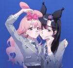  2girls absurdres animal_ears arm_up baekryang black_hair blue_background blue_eyes bow collared_shirt eyelashes film_grain green_eyes hair_bow heart heart_arms heart_hands heart_hands_failure highres kuromi long_hair looking_at_viewer multiple_girls my_melody necktie onegai_my_melody personification pink_bow pink_hair ponytail rabbit_ears sanrio school_uniform shirt smile upper_body wavy_hair 