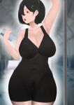  1girl armpits black_hair breasts cleavage highres holding holding_phone large_breasts lipstick makeup original phone red_eyes satyam_ssj10 see-through standing thick_thighs thighs wide_hips 