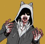  1boy animal_ears black_jacket blood blood_on_face blood_on_hands blood_on_neck blood_on_teeth c2h4_(1849155751) dead_by_daylight fangs grey_hoodie hands_up hood hoodie horror_(theme) jacket looking_at_viewer male_focus neck_tattoo open_mouth portrait sharp_teeth simple_background solo tattoo teeth wolf_ears yellow_eyes 