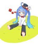  1girl ahoge barefoot black_hat black_pants blue_eyes blue_hair bow bowtie clock commentary_request highres kuma-bound long_hair on_grass open_mouth original pants red_bow red_bowtie shirt simple_background sitting translation_request twintails white_background white_shirt 