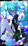  1girl absurdres aqua_eyes aqua_hair aqua_nails aqua_necktie black_sleeves blue_eyes detached_sleeves goma_irasuto hatsune_miku highres long_hair looking_at_viewer necktie shirt sleeveless sleeveless_shirt solo twintails very_long_hair vocaloid 