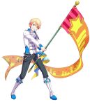 1boy ascot blonde_hair boots flag full_body gradient_hair grey_pants grin highres holding holding_flag looking_at_viewer male_focus multicolored_hair non-web_source official_art orange_eyes pants project_sekai red_hair short_hair smile solo tachi-e tenma_tsukasa transparent_background white_ascot white_footwear 