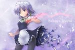  apron black_legwear blue_eyes braid character_name hair_ribbon izayoi_sakuya knife kurogarasu maid_apron maid_headdress pantyhose ribbon short_sword silver_hair solo sword too_many too_many_knives touhou twin_braids weapon 