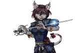 2020 absurd_res accessory anthro belt blue_eyes bow_ribbon breasts brown_hair digital_media_(artwork) domestic_cat ear_piercing felid feline felis female fur furgonomics grey_body grey_fur hair hi_res holding_rapier light_armor mammal melee_weapon piercing pouch_(clothing) rapier ribbons simple_background smile solo sword tail tail_accessory tail_bow tail_ribbon weapon werility white_background