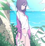  black_eyes black_hair cloud day expressionless flat_chest light_rays looking_away midriff ocean off_shoulder original panties shimano short_hair sky solo sunbeam sunlight underwear water white_panties 