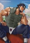  1boy bandaged_leg bandages bara beard black_hair black_pants cloud day facial_hair forehead_protector highres looking_at_viewer male_focus mature_male muscular muscular_male naruto_(series) naruto_shippuuden outdoors pants patreon_username sandals sarutobi_asuma short_hair sky solo suyohara 