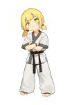  1girl absurdres barefoot belt black_belt black_trim blonde_hair closed_mouth commentary_request crossed_arms dougi frown full_body green_eyes highres kuma-bound low_twintails martial_arts_belt medium_hair original pants short_twintails simple_background solo standing toes twintails v-shaped_eyebrows white_background white_pants 