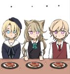  ... 1girl 2boys animal_ears black_hat blonde_hair blue_eyes bow bowtie bread bread_slice brown_hair brown_vest cat_ears collared_shirt commentary english_commentary food fork freminet_(genshin_impact) genshin_impact green_bow green_bowtie highres holding holding_fork holding_spoon juliet_sleeves long_hair long_sleeves luminfch lynette_(genshin_impact) lyney_(genshin_impact) multiple_boys necktie pink_eyes puffy_sleeves red_necktie shirt siblings simple_background sparkle spoon table toast twitter_username vest white_background white_shirt 
