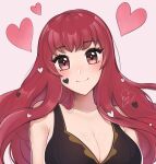  1girl bare_shoulders breasts cleavage commentary fire_emblem fire_emblem_engage head_tilt heart highres large_breasts long_hair pink_background pink_eyes purrlucii red_hair solo upper_body very_long_hair yunaka_(fire_emblem) 