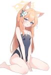 1girl absurdres animal_ear_fluff animal_ears ass bare_arms bare_legs bare_shoulders barefoot black_one-piece_swimsuit blue_archive blue_eyes blush breasts cat_ears halo highres long_hair looking_at_viewer mari_(blue_archive) nonddu one-piece_swimsuit open_mouth orange_hair school_swimsuit simple_background small_breasts solo swimsuit white_background yellow_halo 
