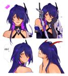  1girl acheron_(honkai:_star_rail) black_choker choker commentary hair_ornament halterneck honkai:_star_rail honkai_(series) horns katana long_hair looking_to_the_side multiple_views portrait purple_eyes purple_hair scabbard sheath sheathed simple_background single_bare_shoulder sword very_long_hair weapon white_background xivahtune 