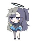  1girl adjusting_buruma adjusting_clothes bao_hui_qing bare_legs black_footwear blue_archive blue_eyes blue_jacket bottle buruma chibi gym_uniform halo highres id_card jacket long_hair looking_at_viewer ponytail purple_hair shirt shoes solo t-shirt water_bottle yuuka_(blue_archive) yuuka_(track)_(blue_archive) 