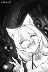  1girl absurdres animal_ears bidortw cat_ears cat_girl chinese_commentary choker commentary_request glowing glowing_eyes greyscale hair_intakes hatching_(texture) highres indie_virtual_youtuber monochrome neko_matsuri_(vtuber) off-shoulder_shirt off_shoulder open_mouth shirt smile sweat virtual_youtuber w 