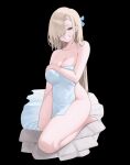  1girl asuna_(blue_archive) black_background blue_archive blue_eyes blue_ribbon breasts collarbone covering_privates grin hair_over_one_eye highres kono_(xerondan321) large_breasts long_hair looking_at_viewer nude_cover ribbon smile solo thighs towel white_towel 