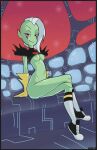 2016 absurd_res alien alien_humanoid areola artist_name black_border border bottomless breasts clothed clothing disney eyebrows female fingers footwear freckles gloves green_areola green_body green_skin haich hair half-closed_eyes handwear hi_res humanoid humanoid_pointy_ears inverted_nipples long_hair looking_at_viewer lord_dominator narrowed_eyes navel nipples noseless not_furry pink_sclera raised_clothing raised_topwear shoes sitting smile socks solo topwear wander_over_yonder white_hair